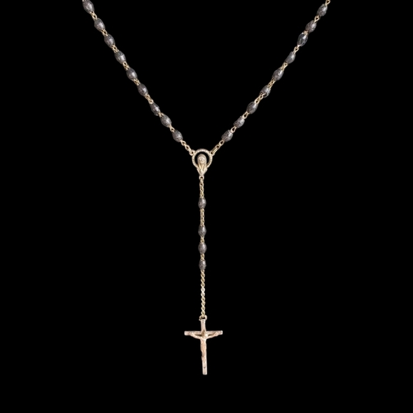 Vintage Religious Rosary Black Wooden Beads Silvertone Chain Italy - Picture 1 of 7